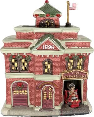 Vintage Lighted Christmas Village Fire Department 1896 Brick Firehouse W Flag